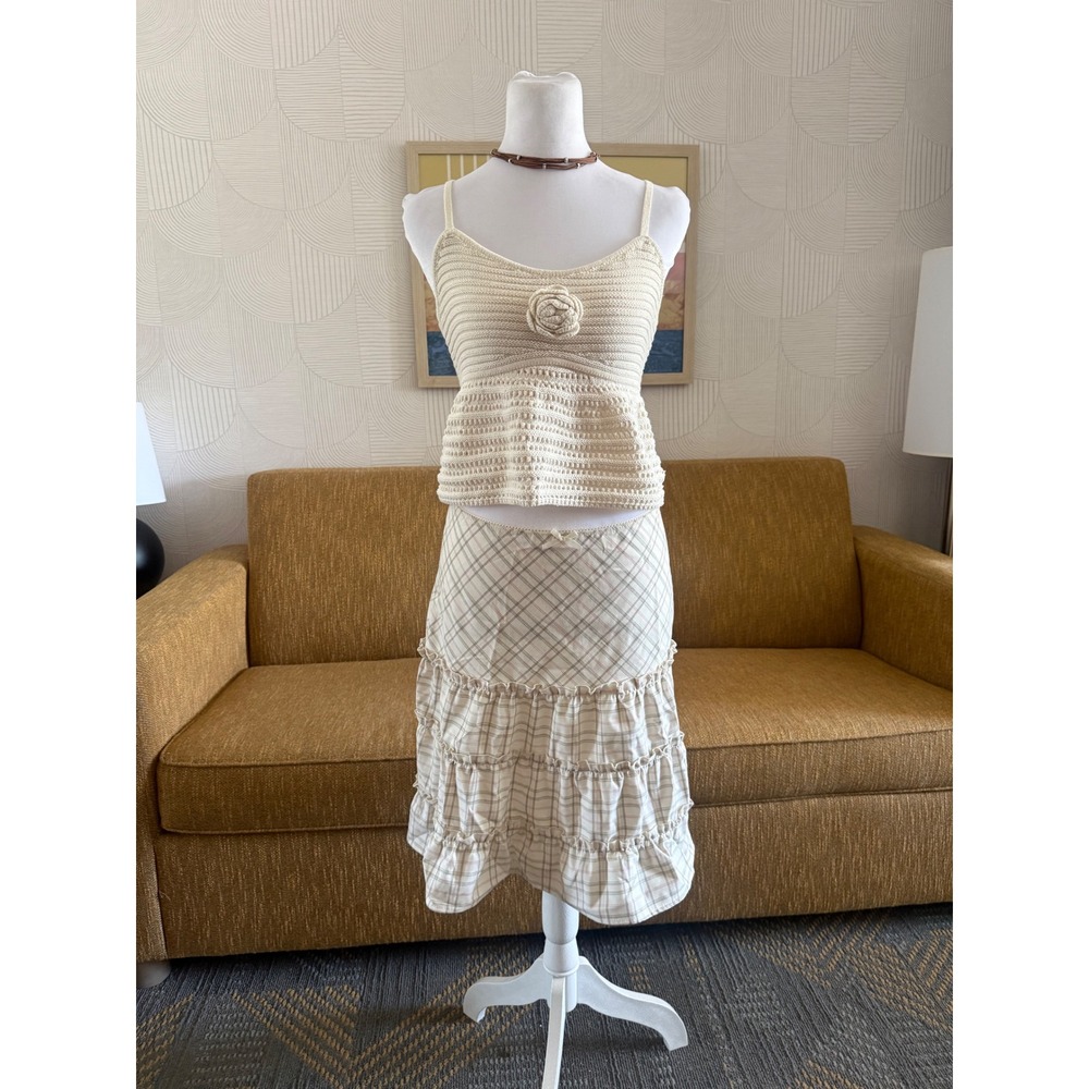 Urban Renewal Plaid Tiered Midi Skirt Cream Tan Pink Ruffle Vintage Fabric Small